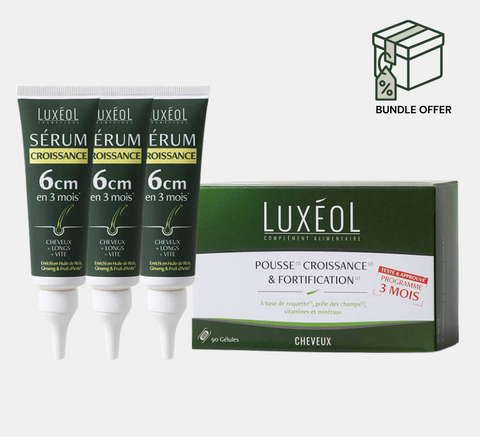 Luxéol Serumas plaukų augimui tūbelės ir pakuotė baltame fone