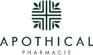 Apothical Pharmacie logotipas su juodai baltu dizainu šviesiame fone