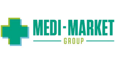 Medi-Market Group logotipas su žaliu kryžiumi baltame fone