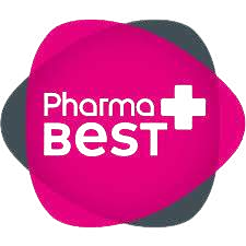 Pharma Best logotipas su rožinės ir pilkos spalvos dizainu