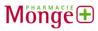 Pharmacie Monge logotipas su raudonu tekstu ir žaliu pliuso ženklu baltame fone