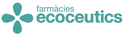 „ecoceutics“ logotipas su melsvai žalios spalvos gėlės formos simboliu baltame fone