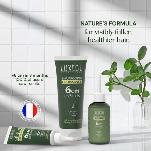 Luxéol hair care products with text on a tiled wall background