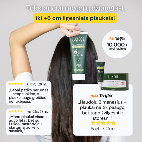 Luxéol plaukų priežiūros priemonės su žmogumi, laikančiu plaukus, atsiliepimai ir produktų pakuotės.