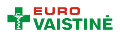 Euro Vaistinės logotipas su žaliu kryžiumi ir raudonu tekstu baltame fone